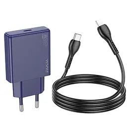Мережевий зарядний пристрій Hoco N44 Type-C PD 30W + кабель Type-C to Lightning titanium синій - мініатюра 3