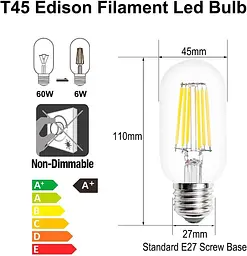 Гвинтова лампочка Aiwerttes E27 6W світлодіодна вінтажна Edison, T45 Холодний Білий 6000K - мініатюра 5