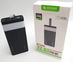 Потужний Повербанк із LED ліхтариком Power Bank із швидкою зарядкою 20000mAh 2USB /Type-C PD/QC 5A/22.5W Maxmate MMP20KP чорний - мініатюра 2