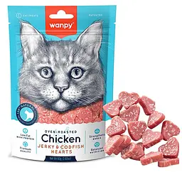 Ласощі для котів Wanpy Chicken Jerky&Codfish Hearts Ванпі Сердечка Курка з тріскою 80 г