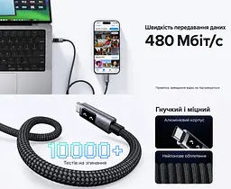 Кабель UGREEN Uno L509 USB-C - USB-C PD 100 Вт з дисплеєм 1 м чорно-сірий (35501) - мініатюра 9