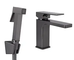 Змішувач для умивальника Qtap Gemini (з гігієнічним душем) Gunmetal Black PVD QTGEM272GMB45692
