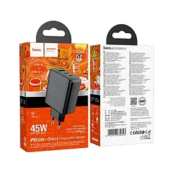 СЗУ 110-240V HOCO CS26A 1xUSB-A, 2xUSB-C, 3A, PD45W+QC3.0, Black, Box - мініатюра 4