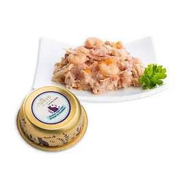 Упаковка консервованого корму для котів із курячим філе, креветками та кульбабами Nuevo Lovely 85 г