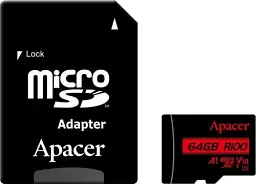 Карта пам'яті microSDXC, 64Gb, Apacer R100, Class10 UHS-I U1 V10 A1, SD адаптер, до 100 МБ/с (AP64GMCSX10UB-R)