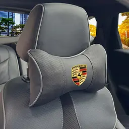 Подушка на підголівник з логотипом Porsche Екошкіра 3D Кольоровий лого Чорна-Сірий кант 1 шт