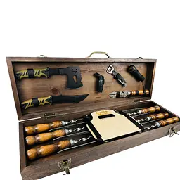 Набір шампурів з нержавіючої сталі у кейсі з дерева Кемпінг на подарунок з аксесуарами - мініатюра 4