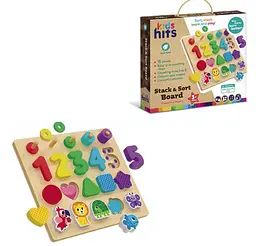 Дерев'яна панель-сортер, що розвиває Kids hits Stack & Sort Board (цифри, фігури, тварини) (KH20/024)