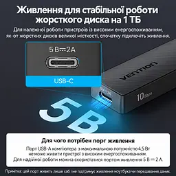 USB-хаб Vention USB 3.2 Gen 2 штекер USB-A к хосту 2 USB-A и 2 USB-C для данных все 4 порта работают одновременно до 10 Гбит/с при поддержке хостом и периферией телефон как хост требует OTG и соответствующего OTG-переходника Windows Linux macOS Android iOS iPadOS без драйверов отдельный вход USB-C 5 В 2 А только для питания хаба без данных LED-индикатор защита от перегрузки короткого замыкания и обратного тока встроенный кабель 0,15 м чёрный (CHSBB) - миниатюра 3