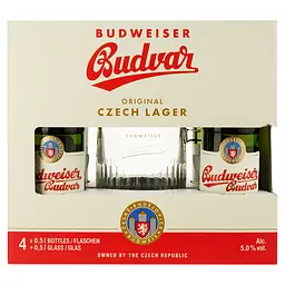 Уцінка. Набір пива Budweiser 5% (4 шт. х 0.5 л) + бокал 
