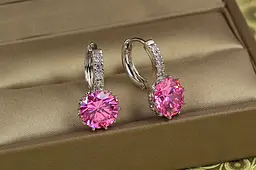 Сережки Xuping Jewelry з великим рожевим каменем і круглою застібкою 2 см сріблясті