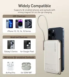 УМБ Choetech Magnetic Wireless 10000mAh 20W PD USB-C In/Out, Qi-15W,buid-in cabel White (B735-CCWH) - мініатюра 2