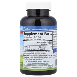 Вітамін D Vitamin D3 62.5 mcg (2,500 IU) 150 Soft Gels Carlson vit0006386 - мініатюра 2