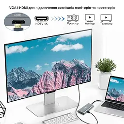 USB-хаб XON SmartHub 11 в 1 (Ethernet, VGA, HDMI, 3.5 Audio, SD/TF, Type-C, 2xUSB3.0, 2xUSB2.0) Сірий (UHCHP113322G 4432) - мініатюра 6
