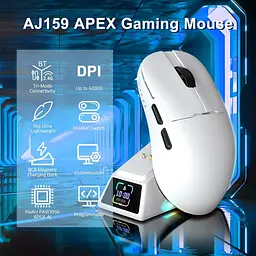 Ігрова бездротова мишка AJAZZ AJ159 Apex /Три режими підключення / 42000 DPI / сенсор PAW3950 / Док-станція з LED-дисплеєм / White - мініатюра 2