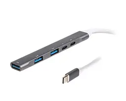 Хаб USB Maxxter HU3C-4P1PD-01, Grey, Type-C 3.0 - 1xType-C 3.0 (100 Вт)/1xType-C 2.0/1xUSB 3.0/2xUSB 2.0, кабель 12 см,