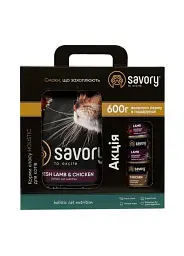 Набір Savory Sterilized для стерилізованих котів сухий корм з ягням та куркою, 2 кг + 3х200г консерви