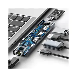 Концентратор Baseus USB-C Thunderbolt 7-in-1 2xUSB 3.0 + 1xUSB-C PD + HDMI 4K60Hz + SD/TF + 1xRJ45 1000Mbps gray (CAHUB-L0G) - мініатюра 8