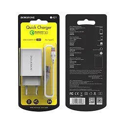 Мережевий зарядний пристрій з кабелем BOROFONE BA21A Long journey single port QC3. 0 charger set(Type-C) 18W білий - мініатюра 2