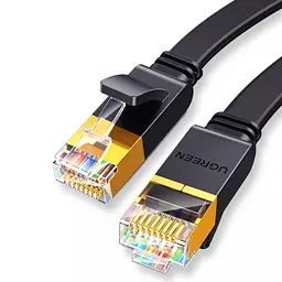 Плоский сетевой кабель UGREEN NW106 0,5 м Ethernet LAN разъёмы RJ45 на обоих концах Cat7 до 10 Гбит/с 600 МГц двойное экранирование от помех толщина около 2 мм для прокладки в узких щелях черный (30738)