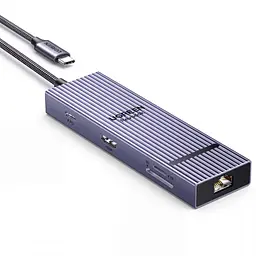 Док-станція USB-C UGREEN Revodok CM886 9 в 1 HDMI 2.0 до 4K 60 Гц 2K 144 Гц 1080p 240 Гц 2×USB-A та 1×USB-C до 10 Гбіт/с і 1×USB-A до 5 Гбіт/с Ethernet RJ45 до 2,5 Гбіт/с SD/microSD вхід USB-C PD 3.0 до 100 Вт заряджання ноутбука до 85 Вт HDMI потребує USB-C з відеовиходом заряджання потребує підтримки USB PD одночасне читання двох карт до 170 МБ/с Windows/macOS LED-індикатор ребристий алюмінієвий корпус вбудований кабель 30 см космічний сірий (55543)