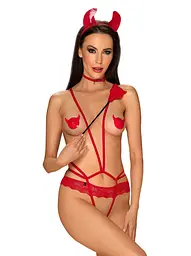 Еротичний костюм чортика зі стреп Obsessive Evilia teddy red S/M, боді, чокер, накладки на соски, обруч з ріжками