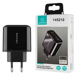 Зарядний пристрійUsams US-CC085 T23 QC3.0+PD3.0 18W Digital Display чорний (CC85TC01)
