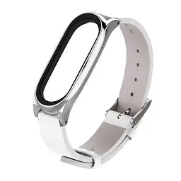 Шкіряний ремінець MiJobs для фітнес-браслета Xiaomi Mi Band 5 и 6 Type С білий, тримач - сріблястий - мініатюра 3