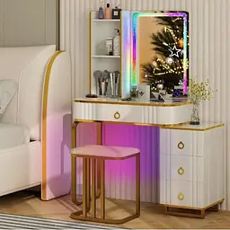 Туалетний столик Costway Vicci з пуфом + дзеркало LED - мініатюра 2