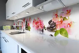 Кухонний фартух Мокрі орхідеї наклейка ПВХ рожеві квіти чорне каміння Білий 60х250 см Happy Pocket Z180541