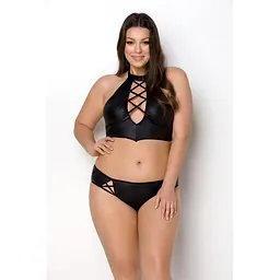 Комплект из эко-кожи: бра и трусики с имитацией шнуровки Passion Nancy Bikini, 6XL/7XL, черный