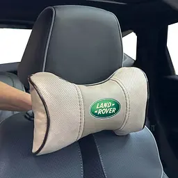 Подушка на підголівник з логотипом Land Rover Екошкіра 3D Кольоровий лого Бежева-Коричневий кант 1 шт