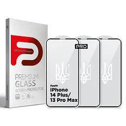 Захисне скло для Apple iPhone 13 Pro Max/14 Plus, Pro 3D LE, повноекранне 3D скло з рамкою, глянцеве, загартоване, протиударне, ультратонке, поліпшене олеофобне і гідрофобне покриття, 9H, повне проклеювання, ArmorStandart (ARM77600)