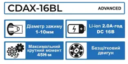Шуруповерт акумуляторний безщітковий Zegor CDAX-16BL/16В/45 Нм/дві швидкості/2 батареї 16 В 2 Ач/реверс/підсвічування/кейс
- мініатюра 14