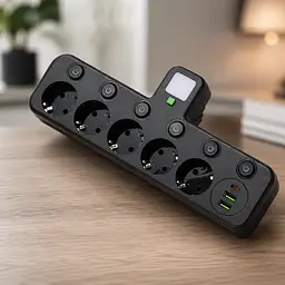 Мережевий фільтр 5 розеток + USB/адаптер на 5 розеток + USB з індивідуальними кнопками та LED-підсвічуванням Чорний - мініатюра 3
