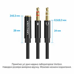 Кабель-разветвитель Vention Длина кабеля 0,3 м Адаптер для гарнитуры 4-контактное гнездо 3,5 мм для комбинированного штекера и два штекера 3,5 мм для подключения к отдельному аудиовыходу и микрофонному входу Совместимость с OMTP без поддержки CTIA Передвижной фиксатор для упорядочивания ветвей кабеля Чёрный с золотистыми контактами (BBTBY) - миниатюра 7