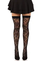 Панчохи Leg Avenue Wild rose net thigh highs, One Size, чорні, широка резинка, малюнок-троянди - мініатюра 1