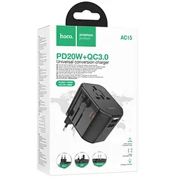 Мережевий універсальний перехідник AC15 Walker PD20W+QC3.0 (2USB-A/1C) (EU) Black Hoco teh0030542 - мініатюра 2