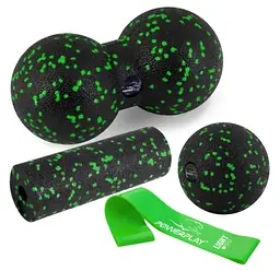 Набір для масажу та йоги PowerPlay PP_4091 EPP (2 м'ячики + валик масажер 15*5,3 см.) Green + гумка 5.5 кг (PP_4091_Green)