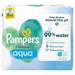 Уцінка. Набір дитячі вологі серветки Pampers Harmonie Aqua 192 шт. (4 уп. по 48 шт.)
