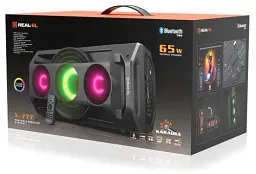 Колонка портативна 2.0 REAL-EL X-777 Black, 2 x 32.5 Вт, пластиковий корпус, Bluetooth, MicroSD / USB, живлення від акумулятора, 8800мА * год, керування зверху