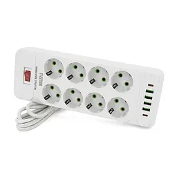 Мережевий фільтр F34U, 8 розеток EU + 4 USB + 2 PD, кнопка включення з індикатором, 2 м, 3х0,75 мм, 2500W, White, Box