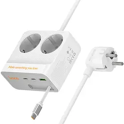 Подовжувач Hoco AC28 Descanso (PD45W/1C/3A/2xSocket) (2m) White - мініатюра 4