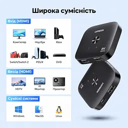 Перемикач HDMI 2.1 UGREEN AW700 комутатор 2 входи 1 вихід 8K 60 Гц 4K 240 Гц 4K 120 Гц 2K 240 Гц 1080p 360 Гц 1080p 240 Гц чорний (65877) - мініатюра 4