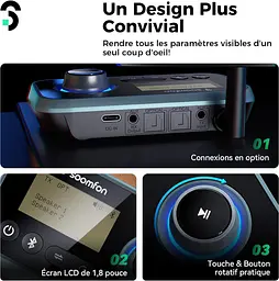 SOOMFON Bluetooth адаптер 3-в-1 (TX/RX/Bypass) 5.0 з LCD-дисплеєм, AUX/RCA/Optical, USB-C - мініатюра 5