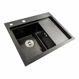 Кухонна мийка чорна PVD 58x48 L Platinum Handmade (два отвори, круглий сифон 3,0/0,8), Чорний - мініатюра 2