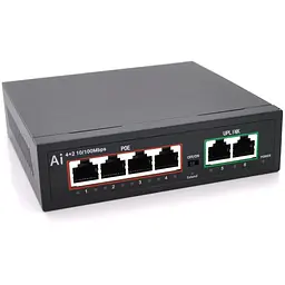 POE комутатор Merlion 4 POE 10/100 + 2 RJ45 10/100 вбудований блок живлення 52V 1.05A
