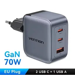 Зарядний пристрій Vention 1xUSB-C PD 70 Вт + 1xUSB QC 3.0 22.5 Вт GaN + кабель USB-C — USB-C 1.0 м 5 А сірий (TZ-FCGH0-EU) - мініатюра 3