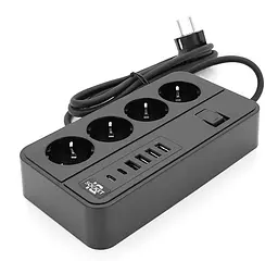 Мережевий фільтр-подовжувач Voltronic G-13, 3000 Вт, 4 розетки + 4 USB 3,2 А + 2 Type-C, 2 м, чорний - мініатюра 1