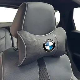 Подушка на підголівник з логотипом BMW Екошкіра 3D Кольоровий лого Чорні-Сірий кант 1 шт